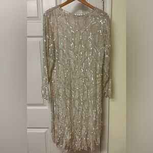Vintage Saint Honore Beige Silk Sequin Beaded Flapper Dress, Small